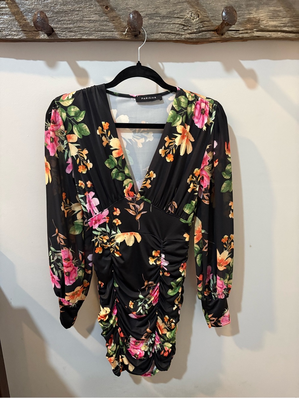 Parisian Black Floral Ruched Mini Dress